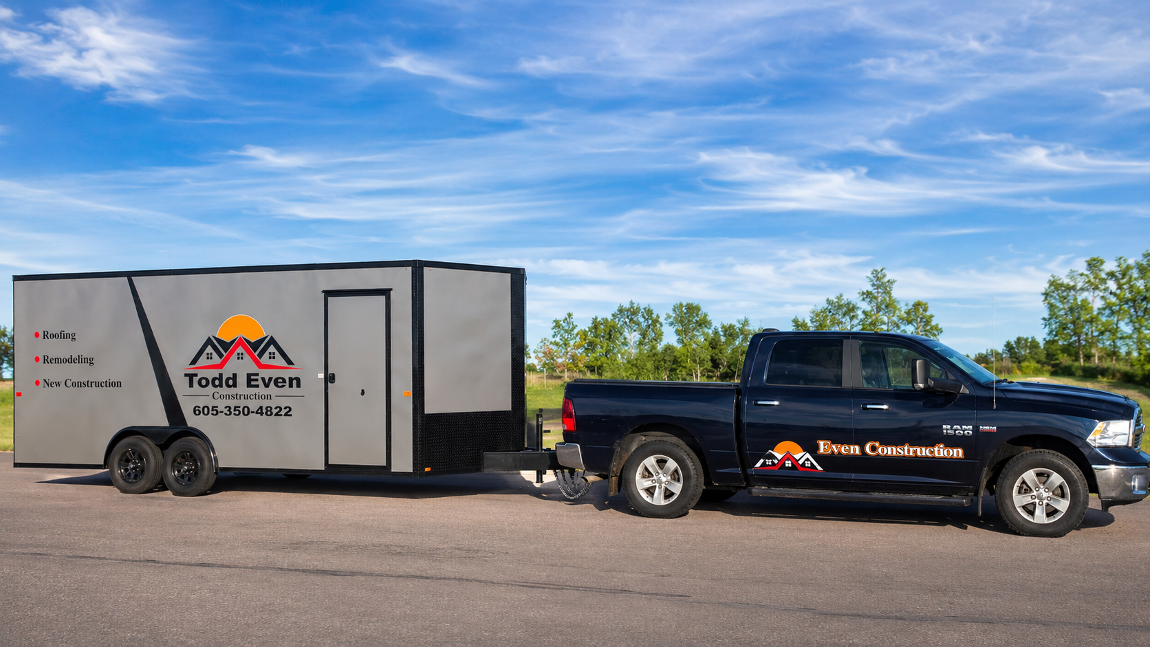 Even Construction truck and trailer with company branding in Huron, South Dakota